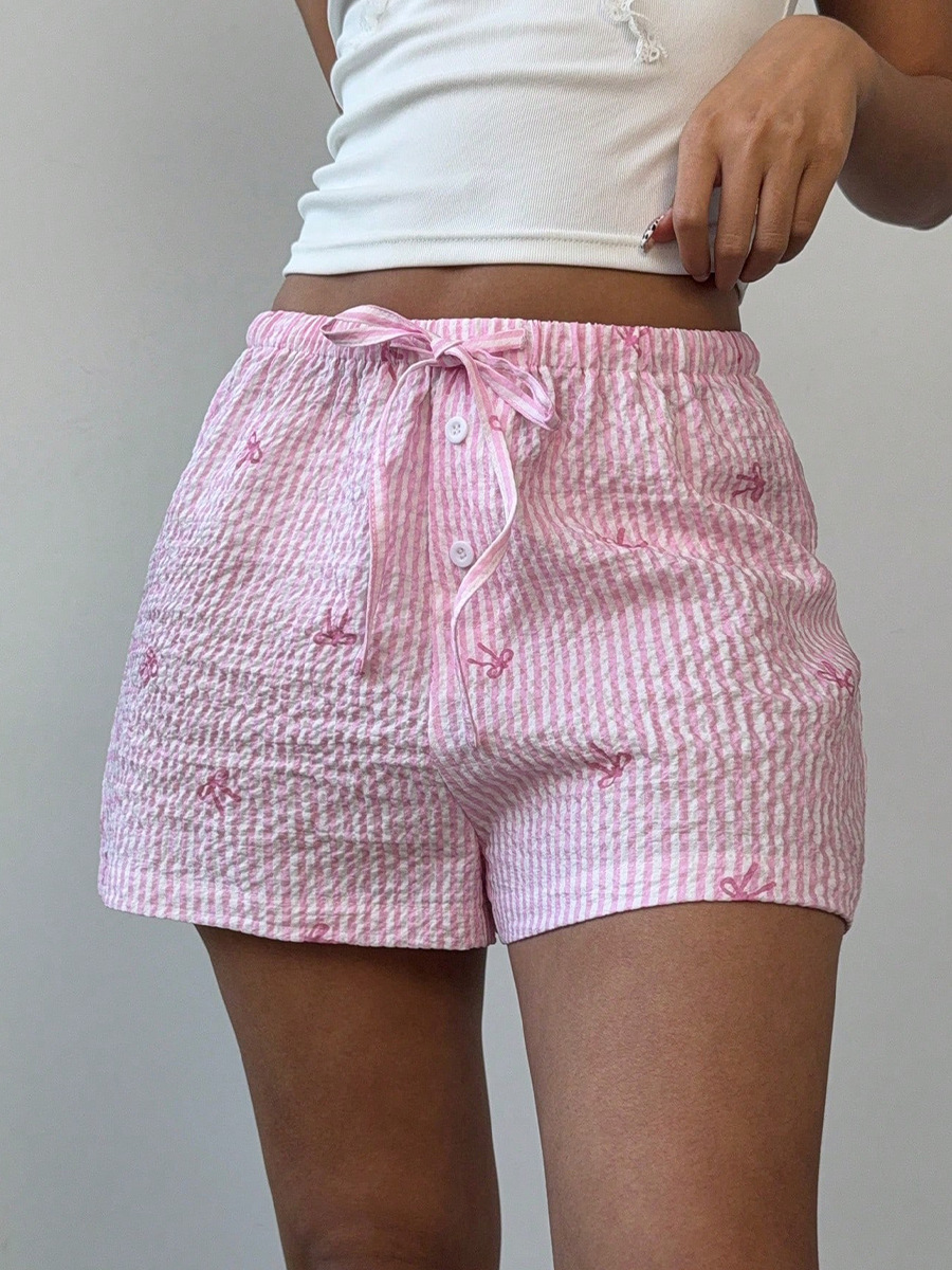 ショートパンツ ストライプ柄リボン付きサッカー生地レディースショートパンツ