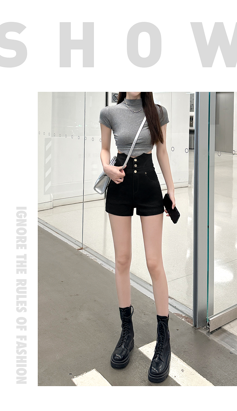 ショートパンツ 三段ボタン ハイウエストショートパンツ