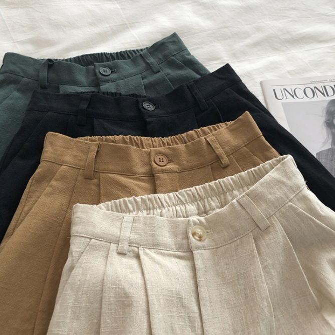 2025新作 レディース綿麻五分丈ショートパンツ 無地