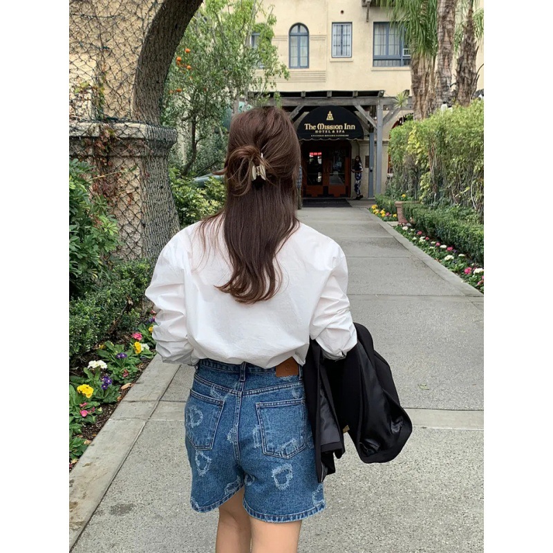 レディース デニム ショートパンツ ダメージ ハイウエスト 着痩せ