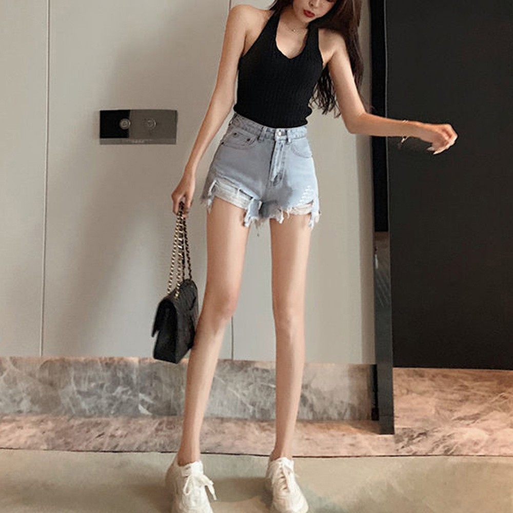 レディース ハイウエスト ダメージデニムショートパンツ