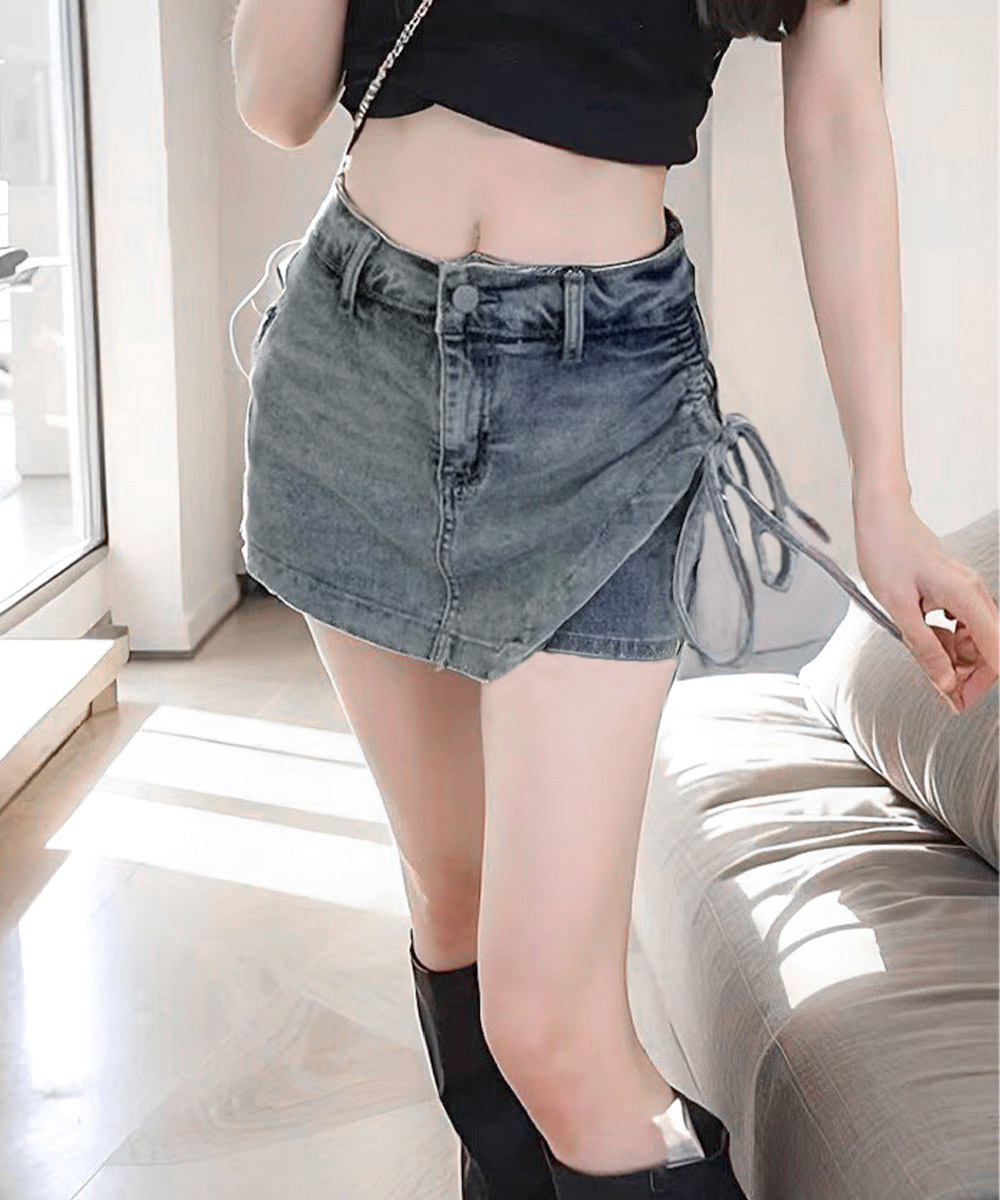 ショートパンツ レディース サイドリボン スカート風デニムショーパン