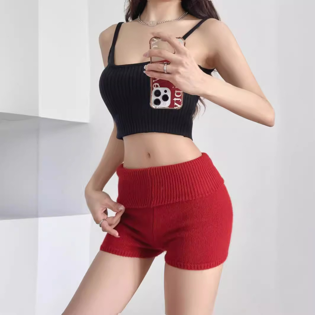 リブ編みハイウエストショートパンツ
