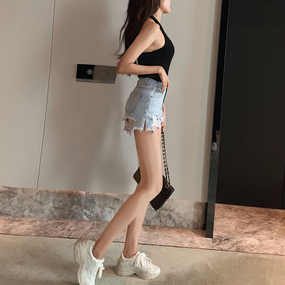 レディース ハイウエスト ダメージデニムショートパンツ