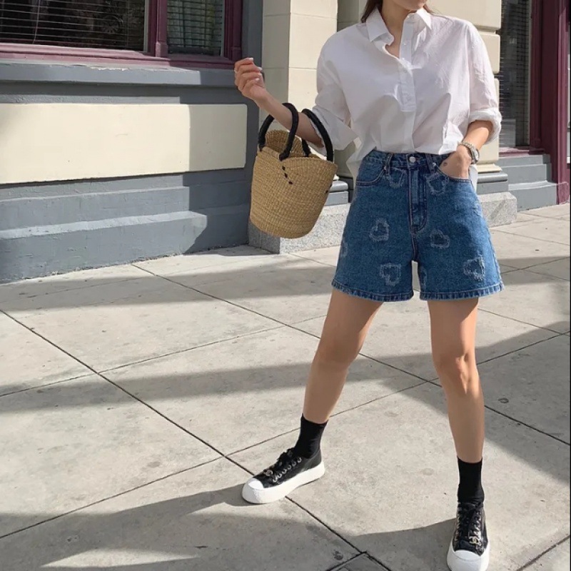 レディース デニム ショートパンツ ダメージ ハイウエスト 着痩せ