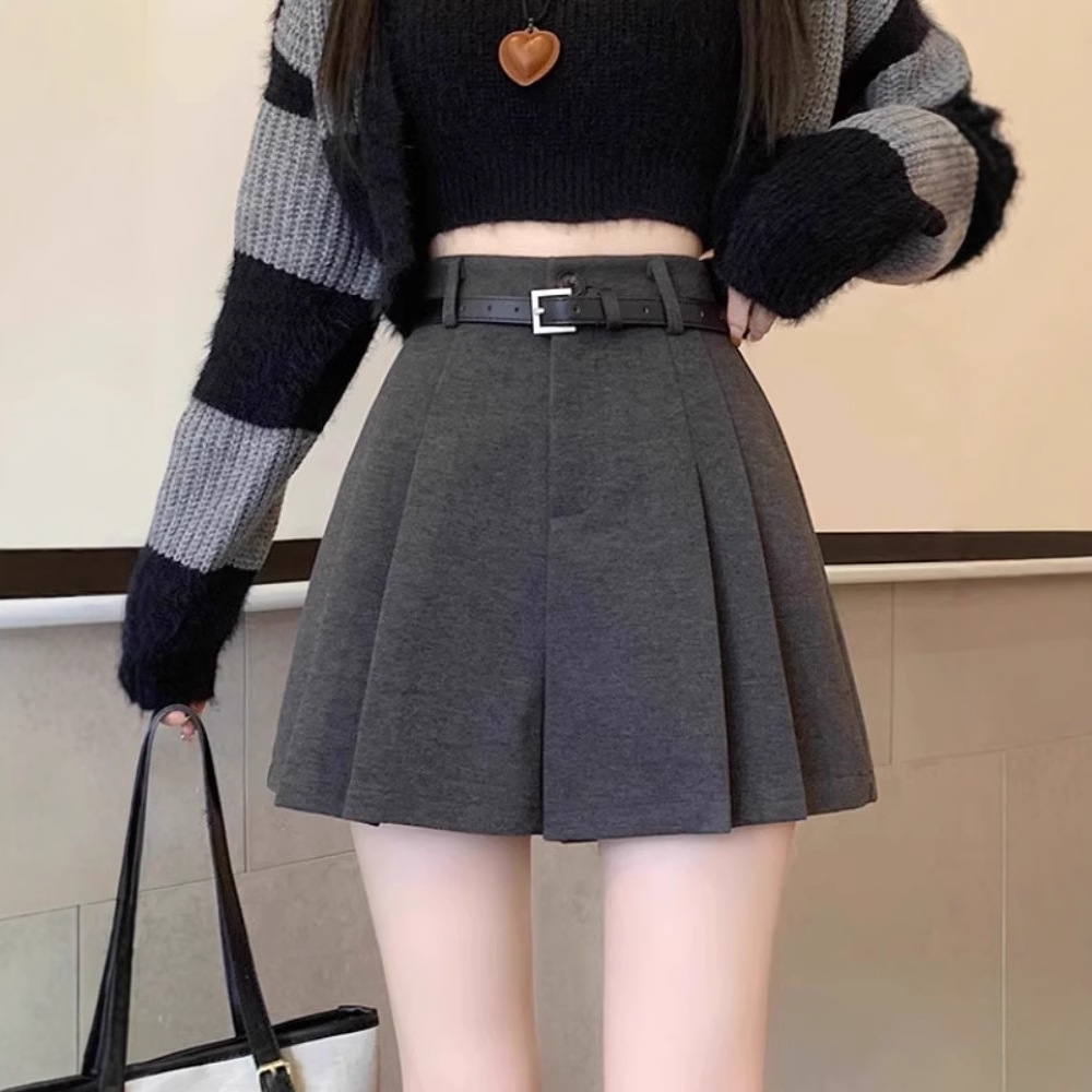 ショートパンツレディースベルト付きプリーツ風