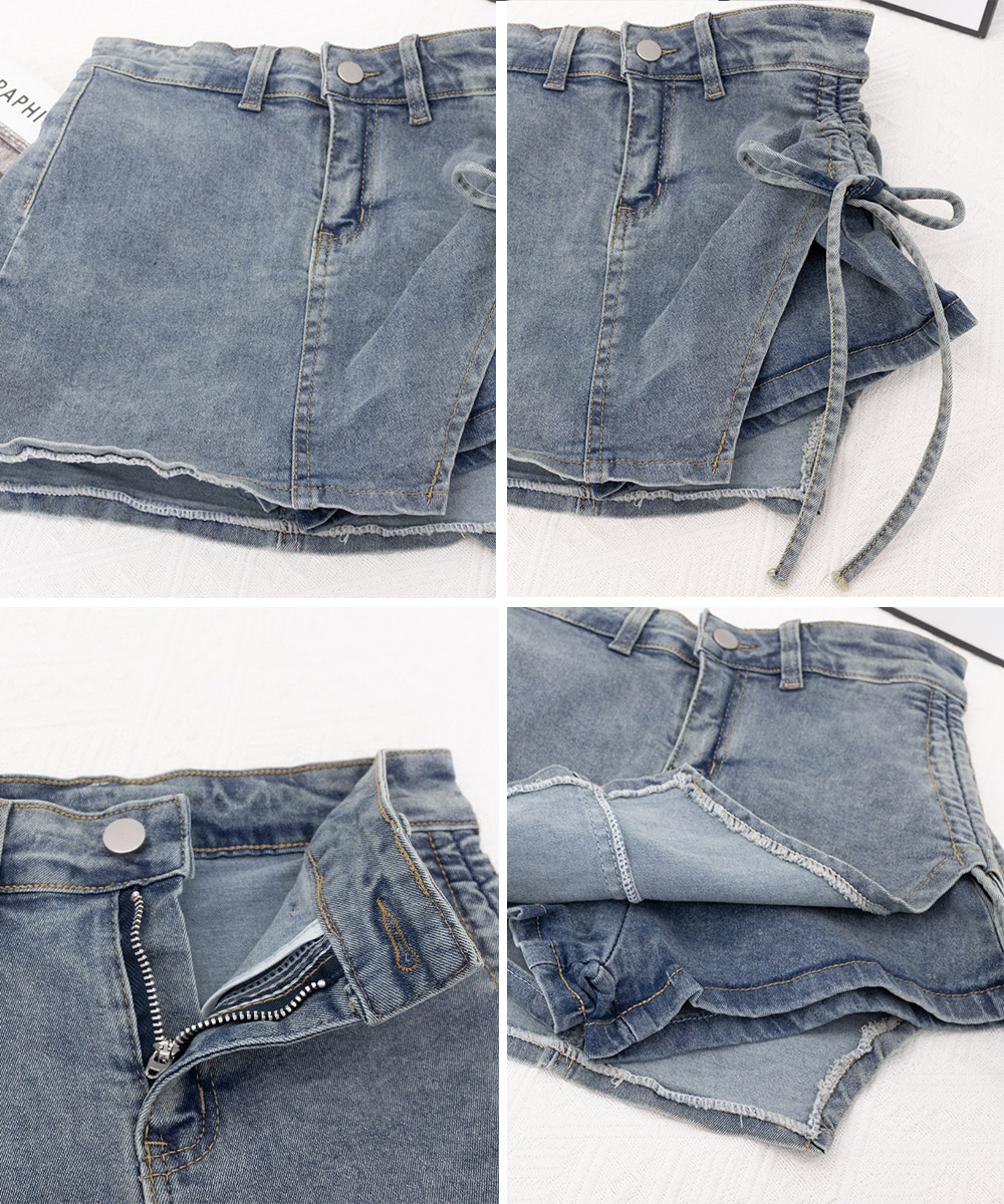 ショートパンツ レディース サイドリボン スカート風デニムショーパン