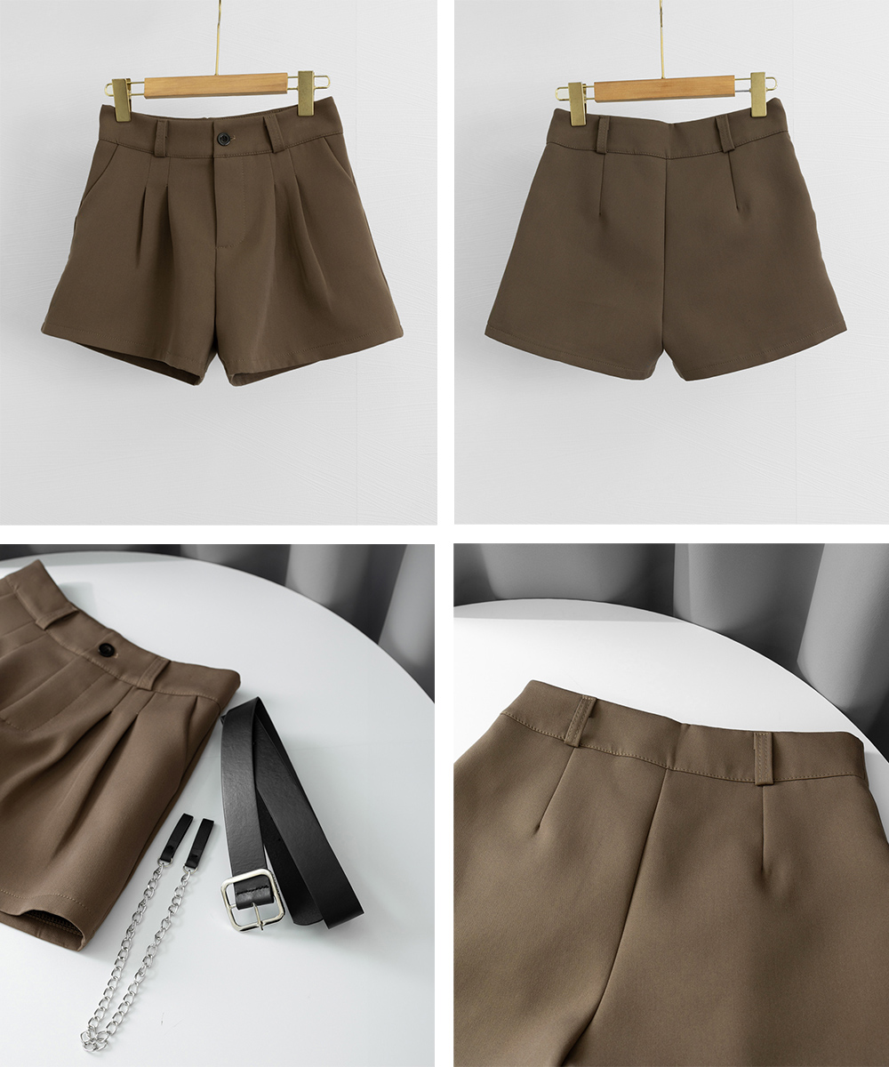 レディース チェーン付き タック ハイウエストショートパンツ