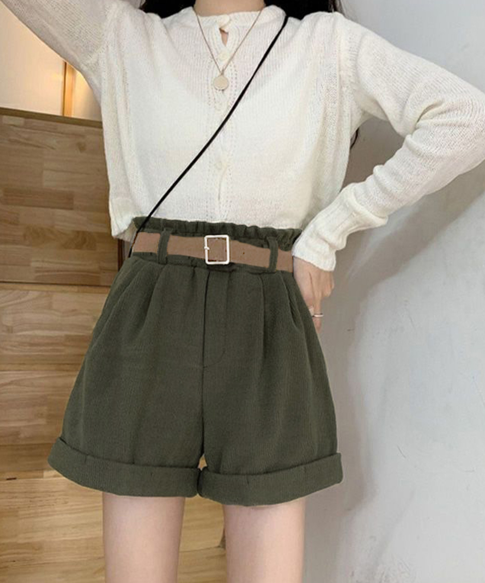 レディース ベルト付き コーデュロイ ショートパンツ 裏起毛