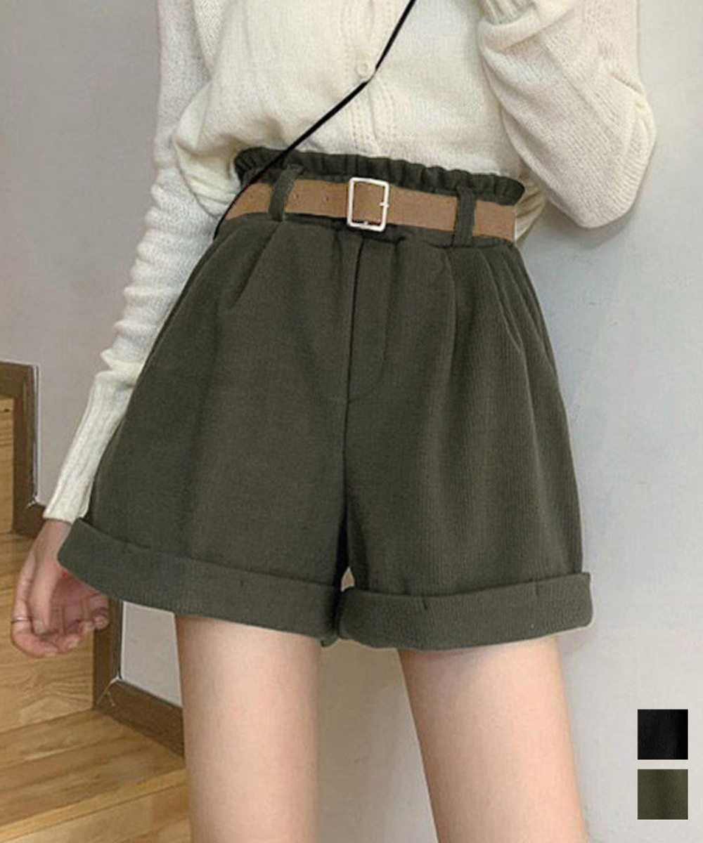 レディース ベルト付き コーデュロイ ショートパンツ 裏起毛