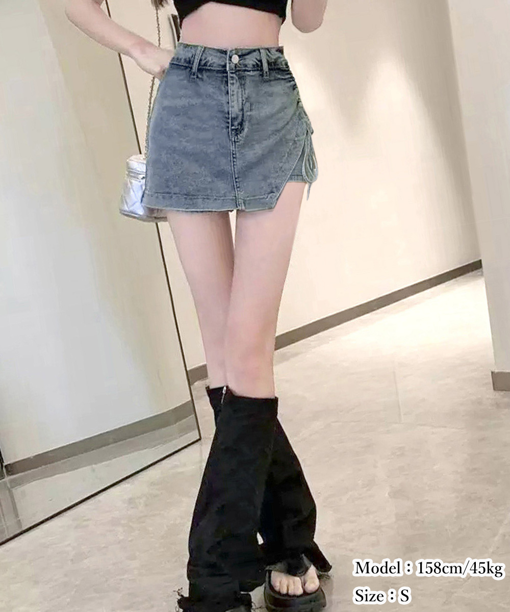 ショートパンツ レディース サイドリボン スカート風デニムショーパン