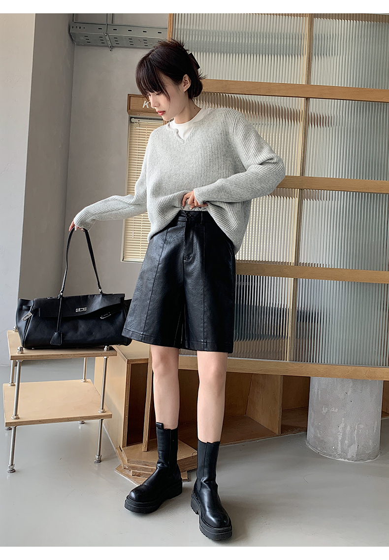 ショートパンツ 上品フェイクレザーハーフパンツ