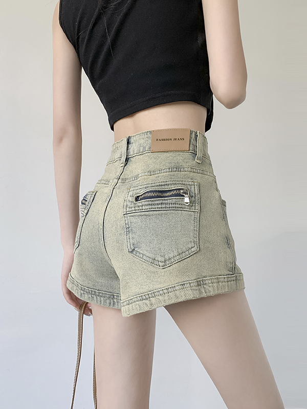 ショートパンツ ハイウエスト ファスナーポケットショートパンツ