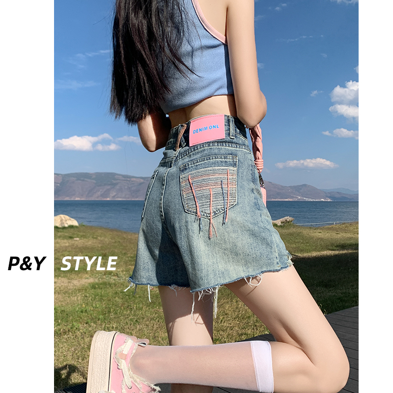ショートパンツ 裾ほつれ加工デニムショートパンツ