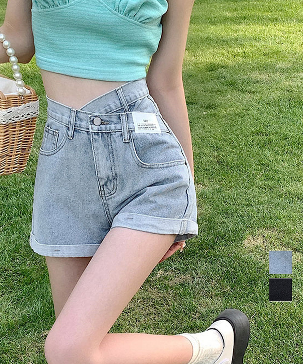レディース 美脚アシンメトリーデニムショートパンツ