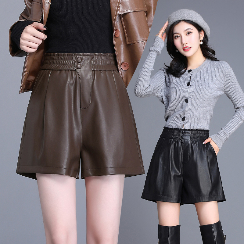 ウエストゴム合皮ワイドショートパンツ