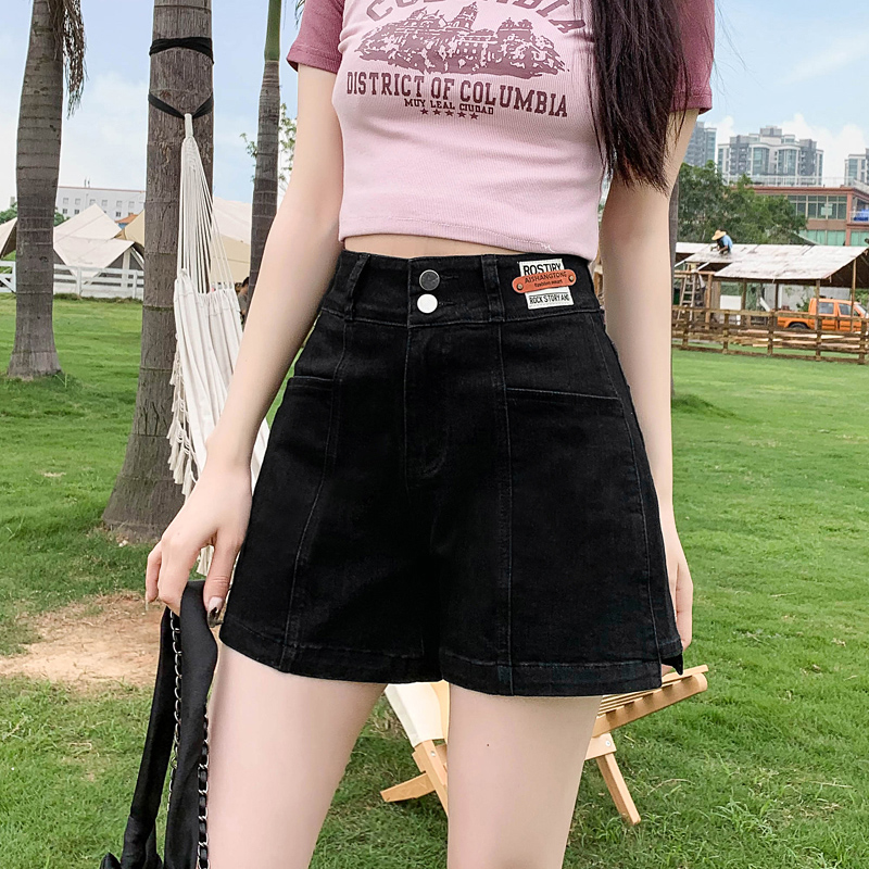 ショートパンツ ハイウエスト二重ボタンデニムショートパンツ