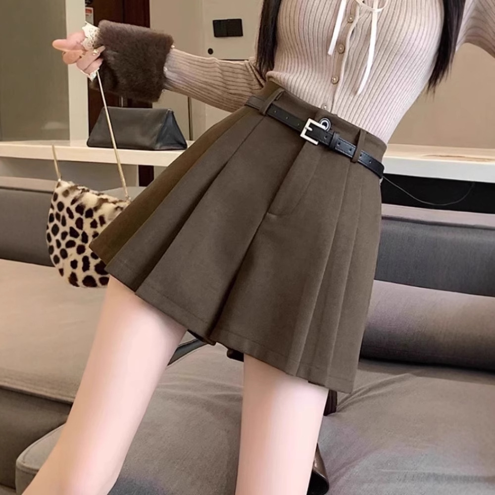 ショートパンツレディースベルト付きプリーツ風