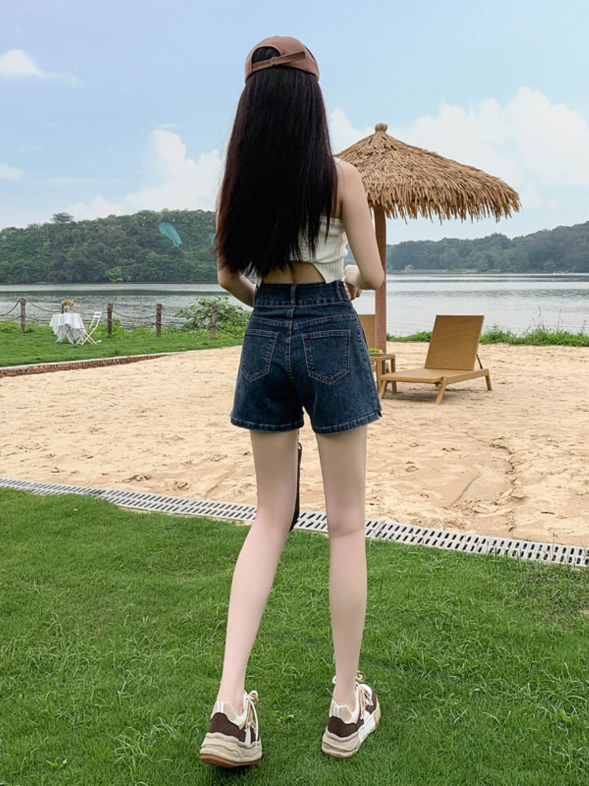 ショートパンツ ハイウエスト二重ボタンデニムショートパンツ