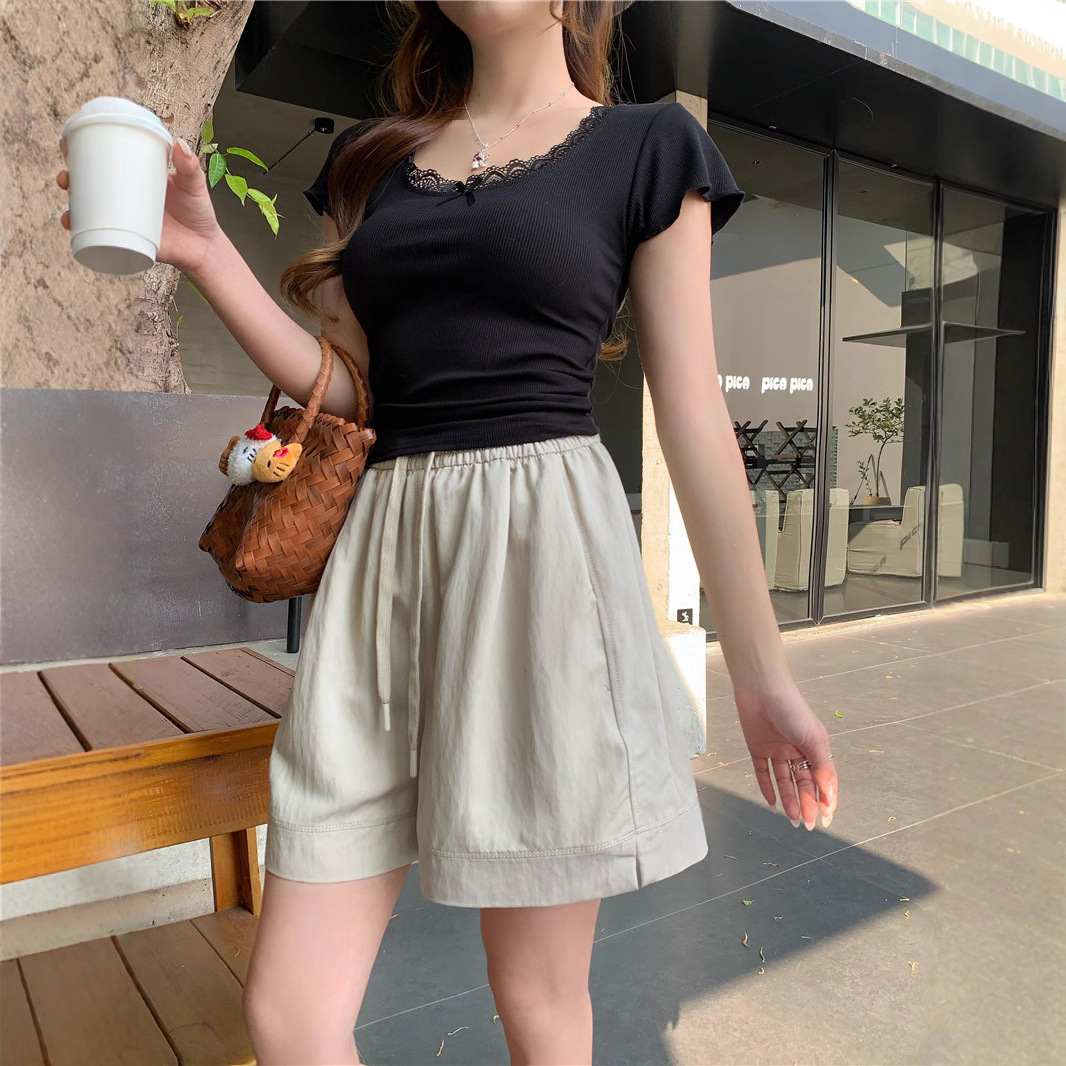 ショートパンツ デニム風ギャザーショートパンツ