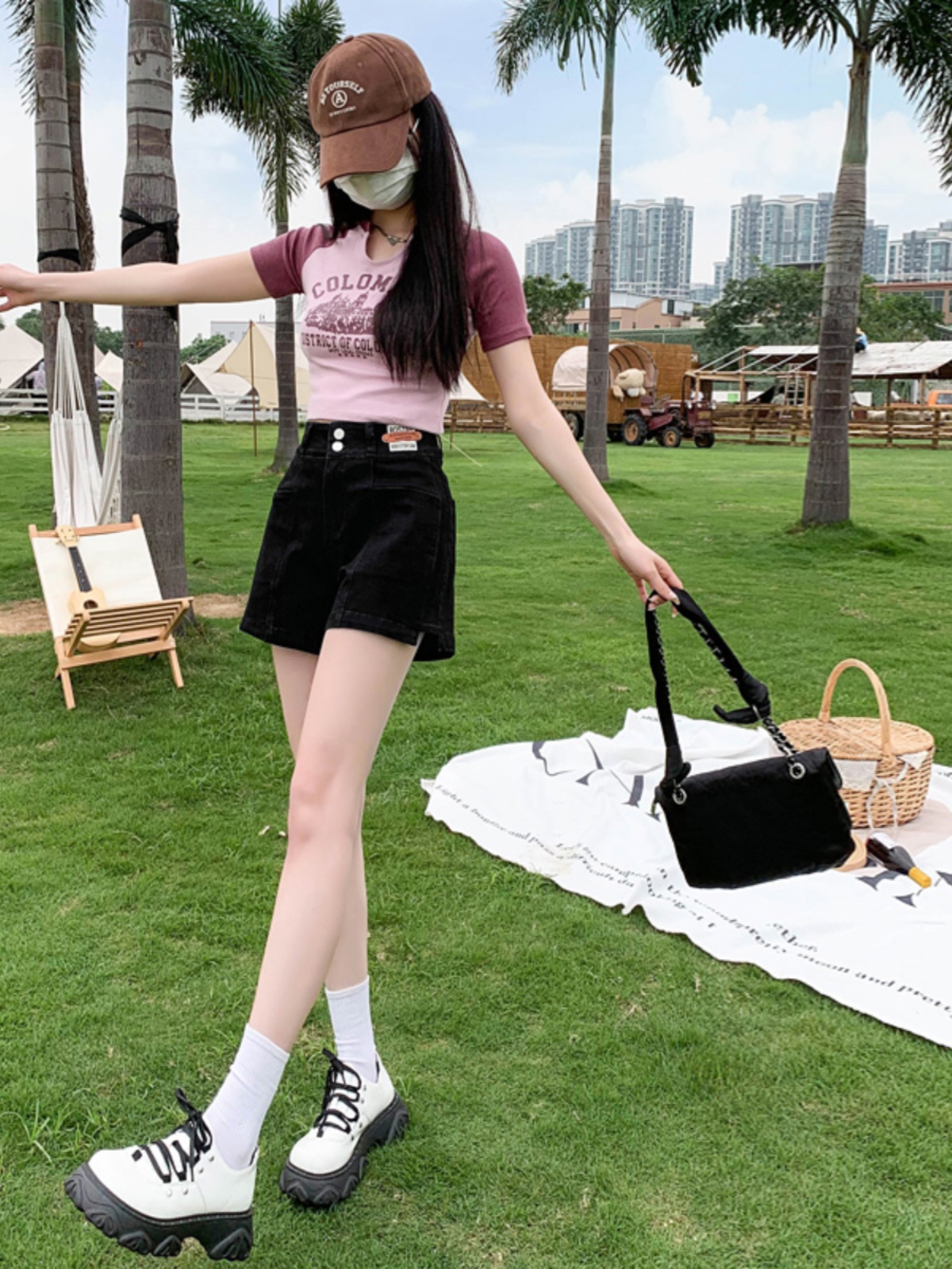 ショートパンツ ハイウエスト二重ボタンデニムショートパンツ