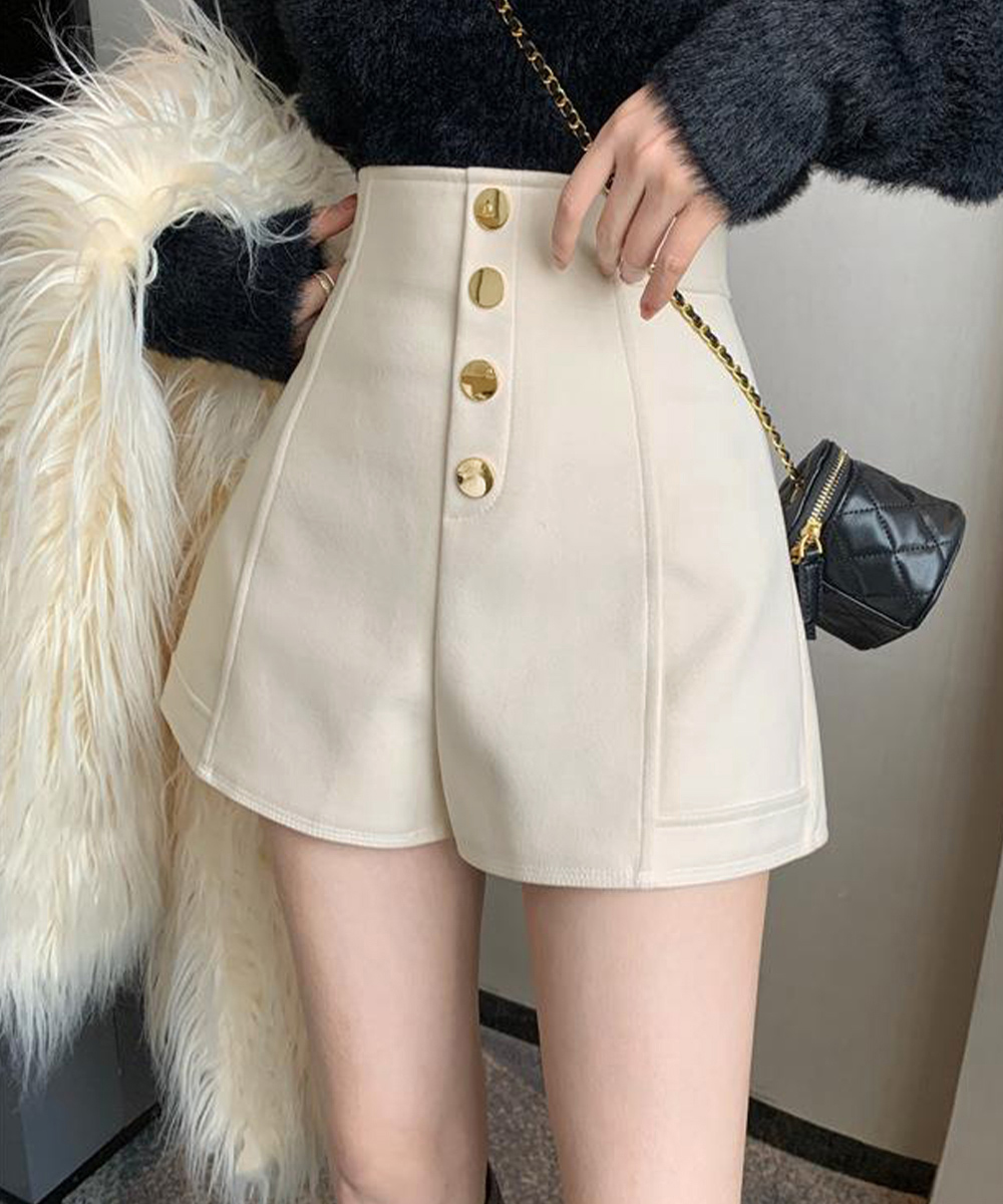 レディース ハイウエスト ボタン付きショートパンツ