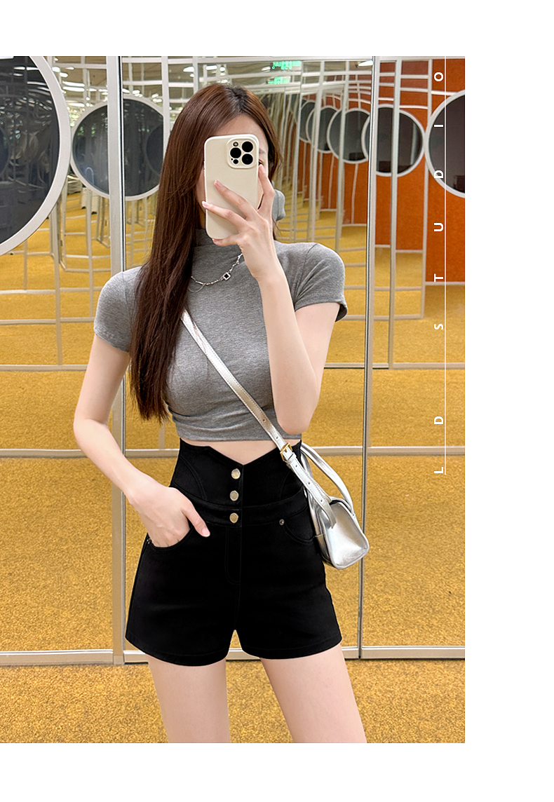 ショートパンツ 三段ボタン ハイウエストショートパンツ
