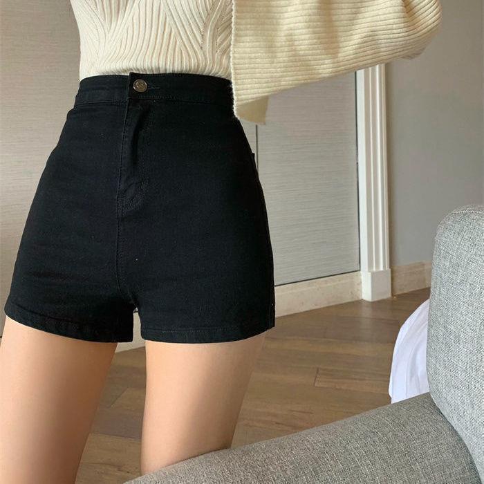 レディース 高腰デニムショートパンツ 着痩せ効果