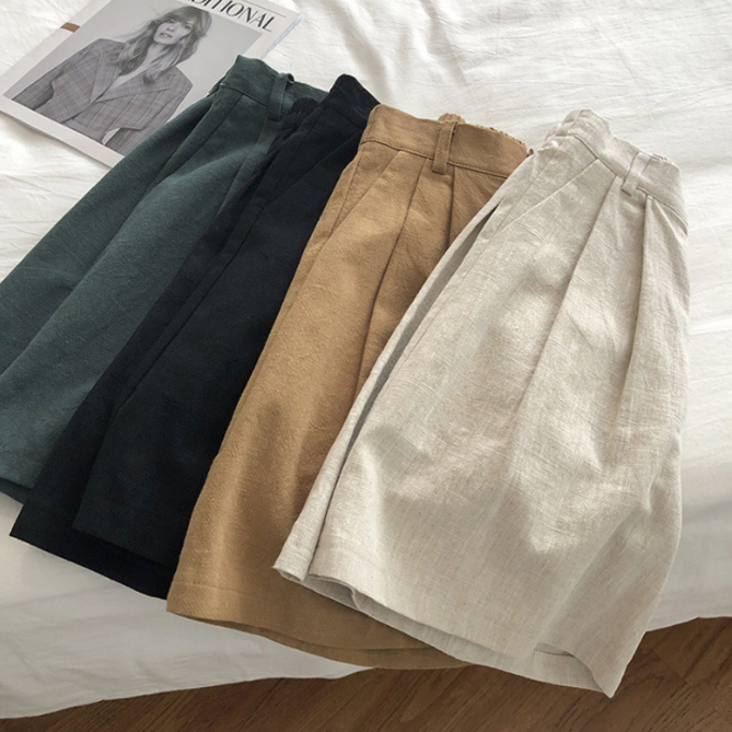 2025新作 レディース綿麻五分丈ショートパンツ 無地