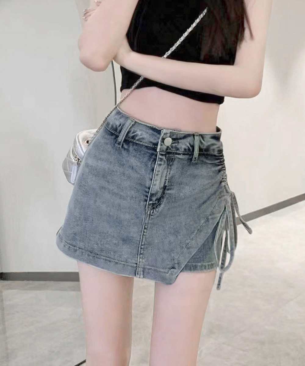 ショートパンツ レディース サイドリボン スカート風デニムショーパン