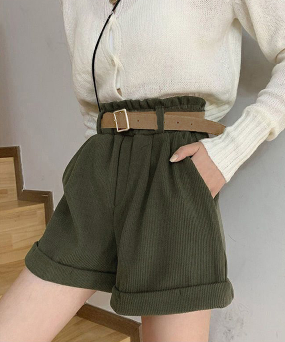 レディース ベルト付き コーデュロイ ショートパンツ 裏起毛