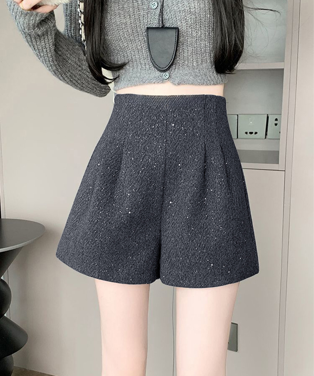 レディース ラメツイード風ハイウエストショートパンツ