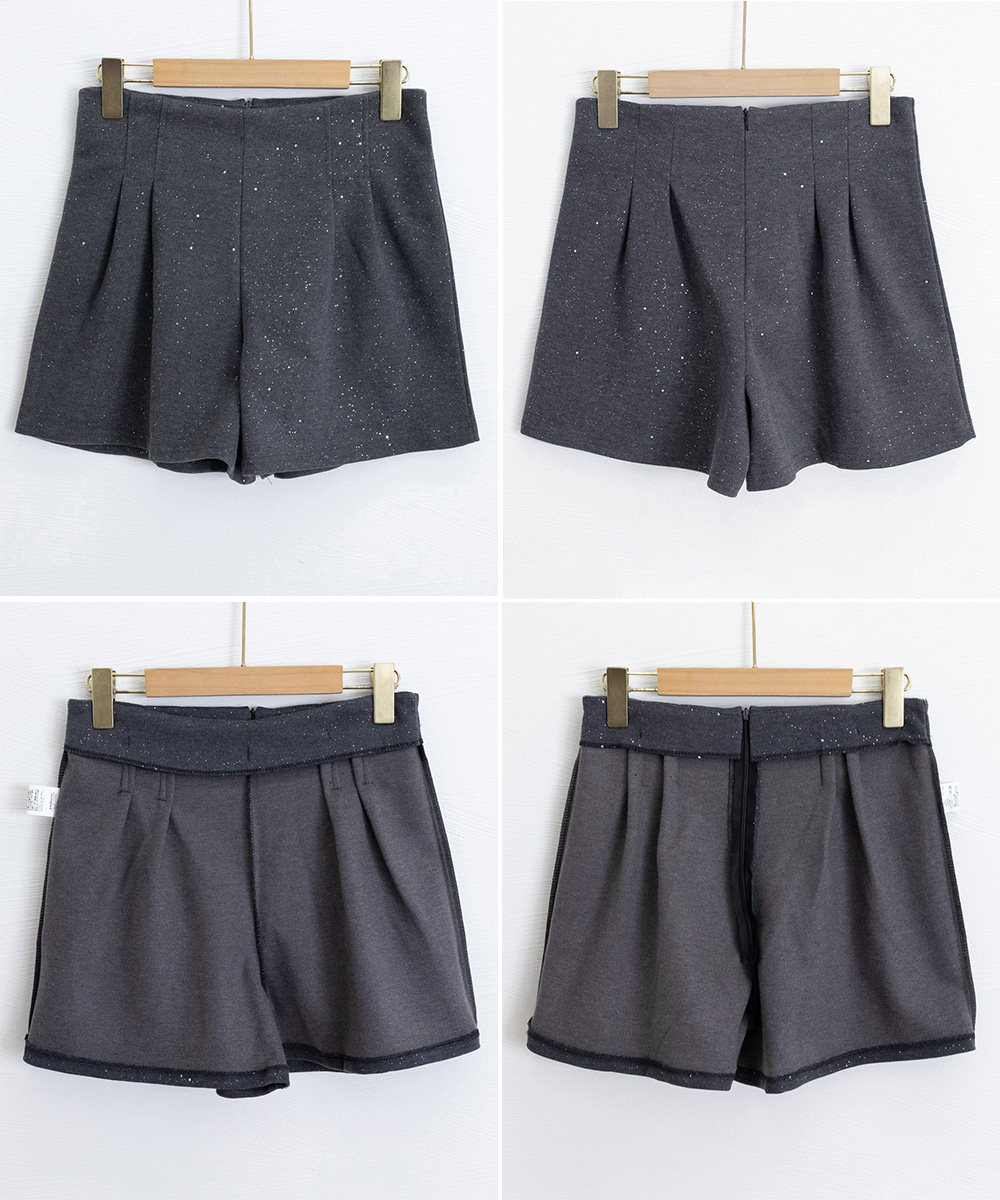 レディース ラメツイード風ハイウエストショートパンツ