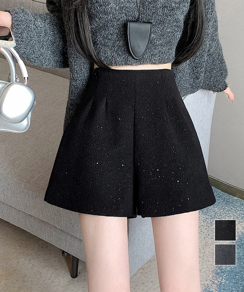 レディース ラメツイード風ハイウエストショートパンツ