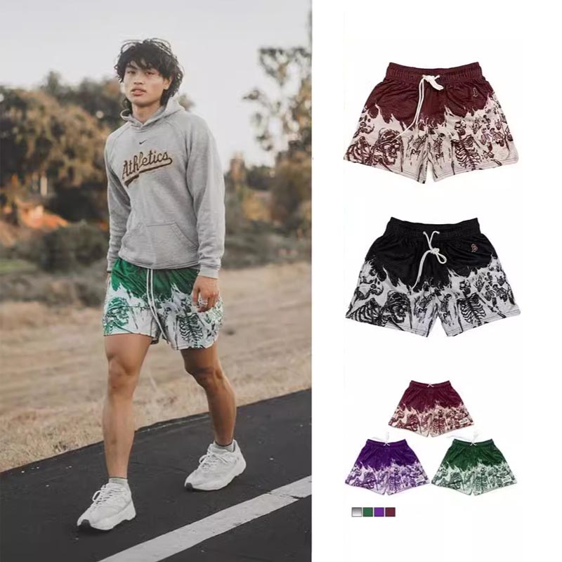 ショートパンツ メンズ 骸骨柄 ワイドショーツ 運動対応 全4色