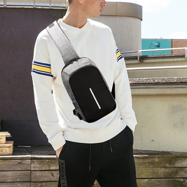 メンズショルダーバッグ 軽量ボディバッグ 光反射機能付きスマホ充電ポート搭載