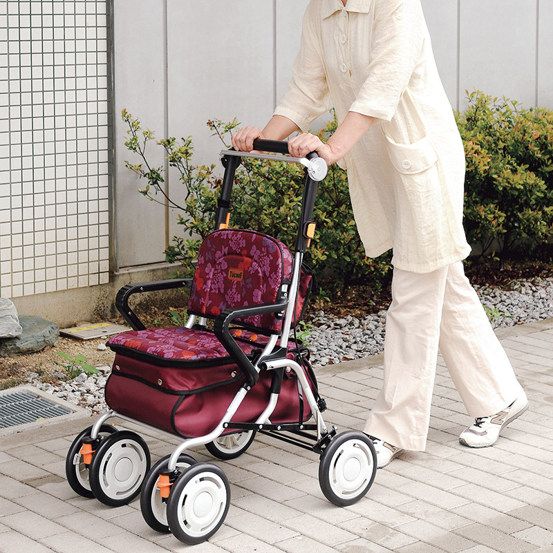 シルバーカー 花柄背もたれ付き四輪座れる多機能シルバーカー