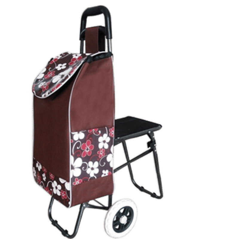 シルバーカー 花柄デザイン折りたたみ椅子付きショッピングカート