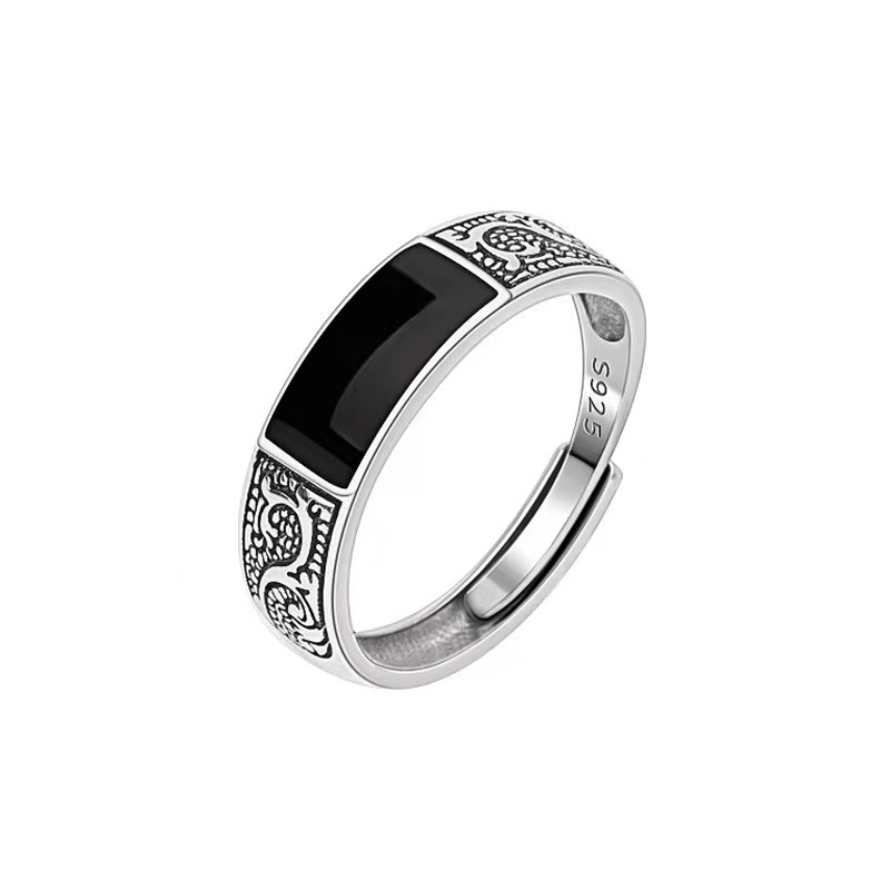 シルバーアクセサリー 唐草模様 黒玉シンプルリング