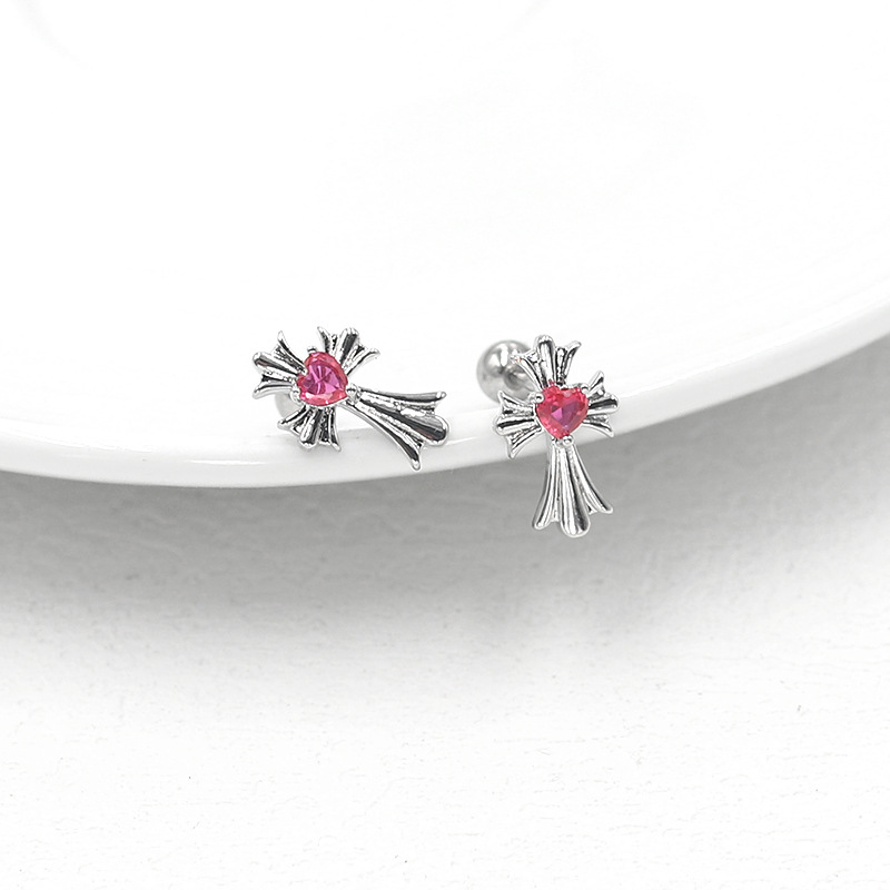 シルバーアクセサリー 十字架ハート留め石ピアス