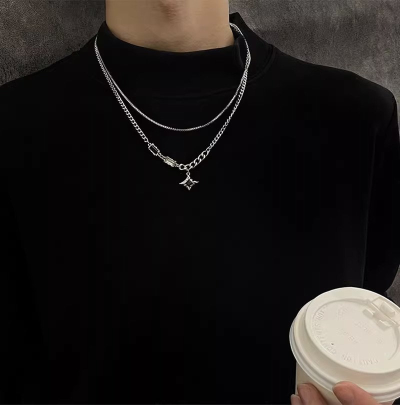 シルバー ネックレス 星形モチーフ二連チェーンペンダント
