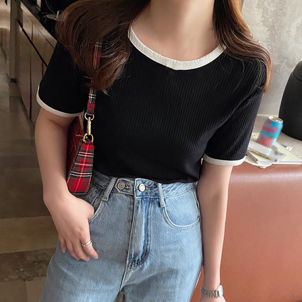 無地 Tシャツ 配色リブ無地半袖シャツレディース丸首