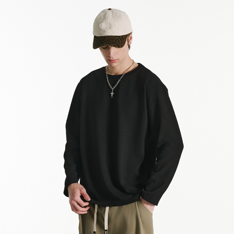 無地 Tシャツ 細リブ編み 長袖 シンプルプルオーバー