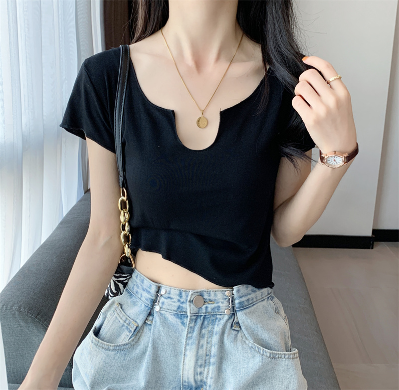 無地 Tシャツ ノッチネック シンプル半袖トップス