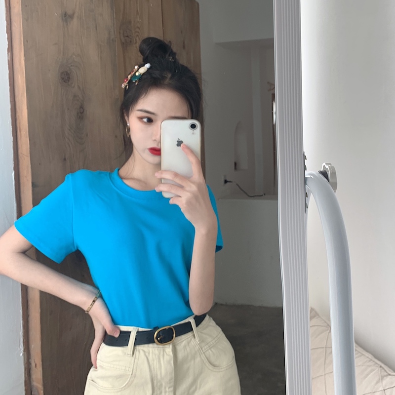 無地 Tシャツ シンプル丸首半袖カットソー