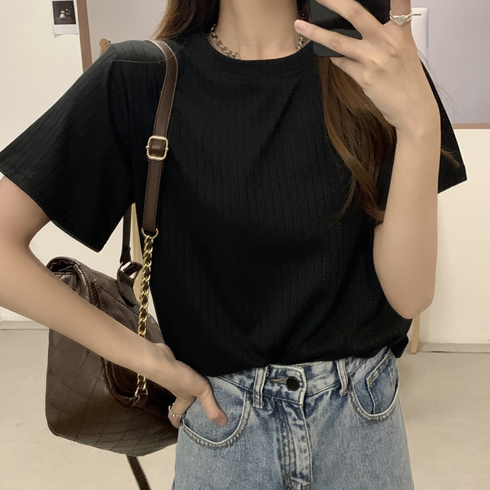 無地 Tシャツ 丸首ニット無地半袖シャツ カジュアルトップス