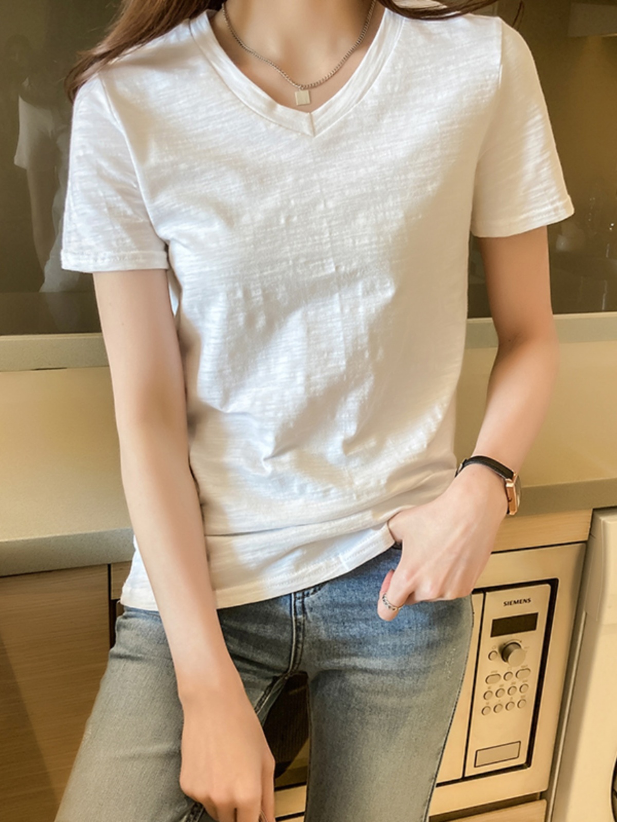 無地 Tシャツ フェミニン Vネック 半袖シンプルカットソー