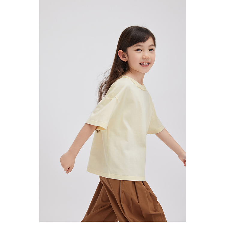 無地 Tシャツ キッズ 襟元の波型装飾がかわいい丸首半袖