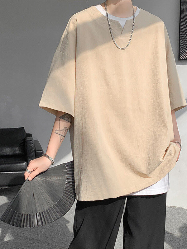 無地 Tシャツ 涼風キーネック五分袖シャツ