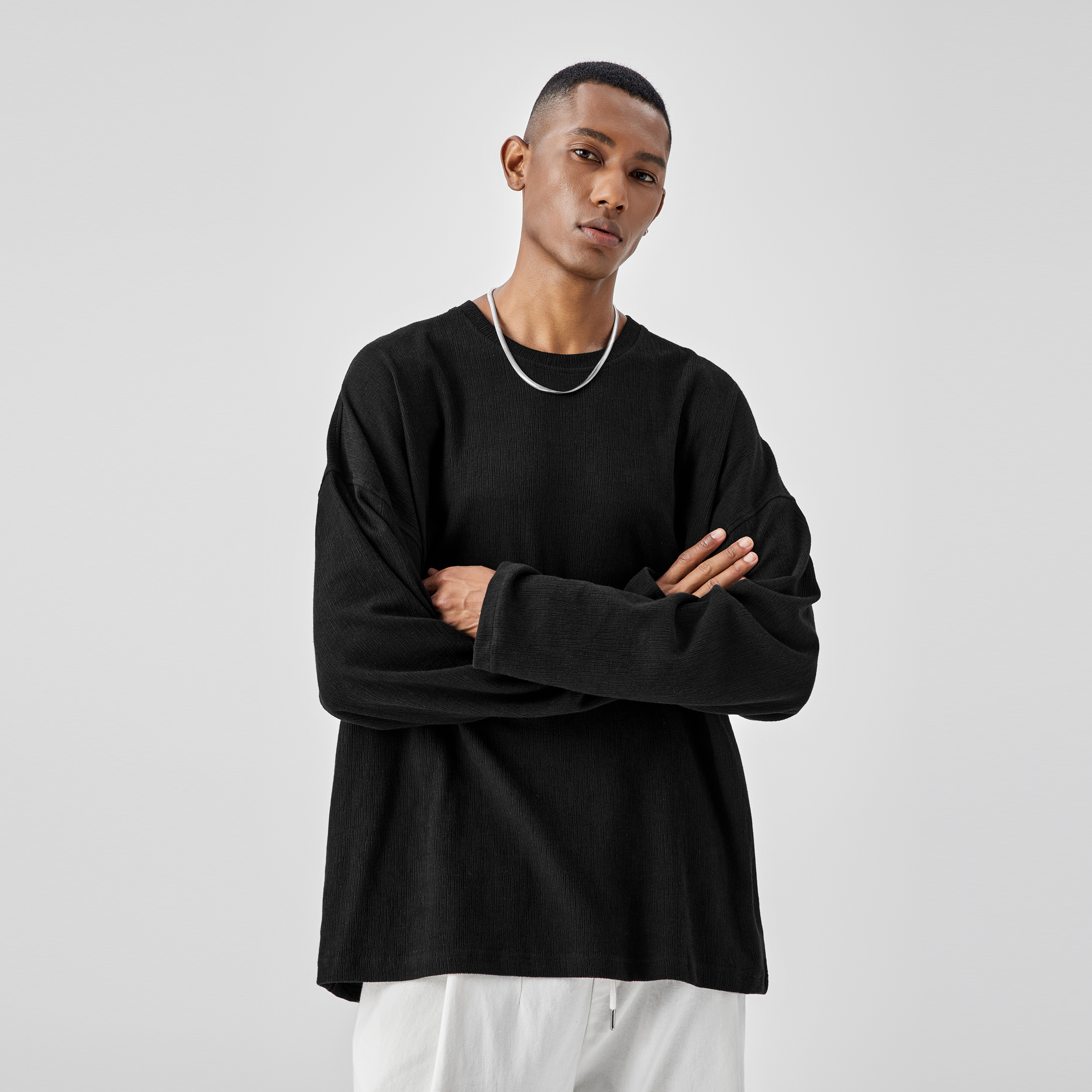 無地 Tシャツ ゆったりシルエット テクスチャー入り 長袖カットソー